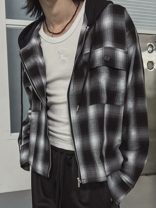 格仔連帽拉鍊外套 Crunky_youth-085JK