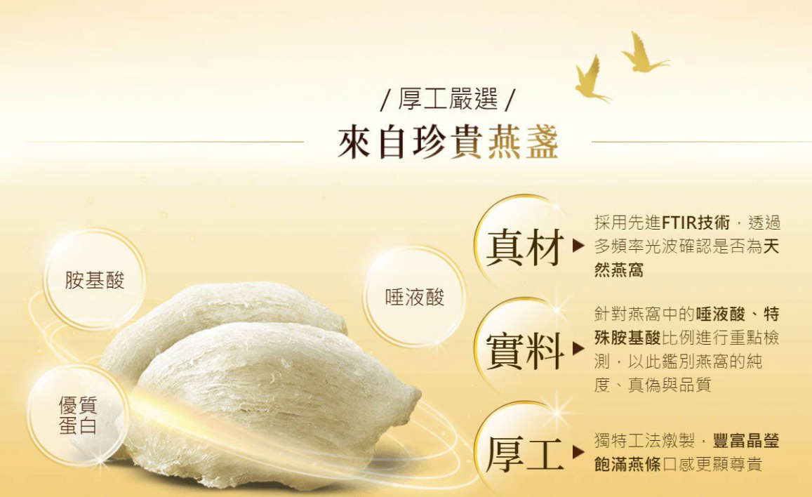 天地合補展示兩片完整燕窩,說明含優質蛋白、膠基酸與唾液酸,搭配真材實料厚工製作與FTIR技術檢測,強調天然高品質燕窩來源。