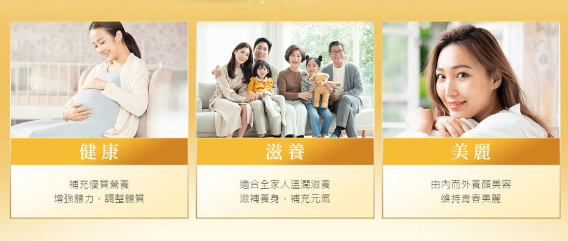 三張圖片分別呈現孕婦、三代同堂家庭與年輕女性,象徵燕窩帶來的健康、滋養與美麗功效,適合補充營養、養顏美容與全家日常保健。