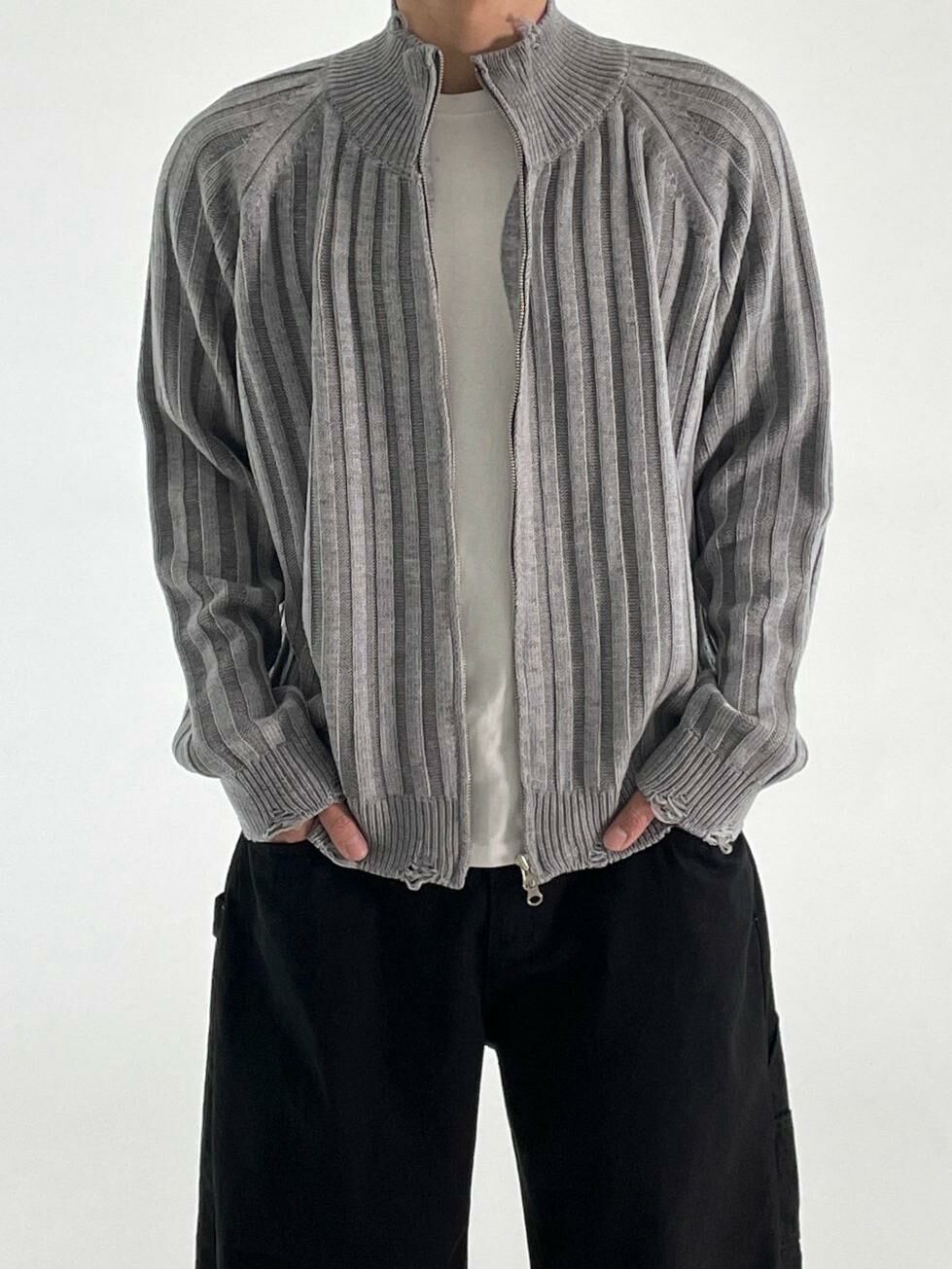 暗直紋企領拉鍊針織外套 TAC-0137JK