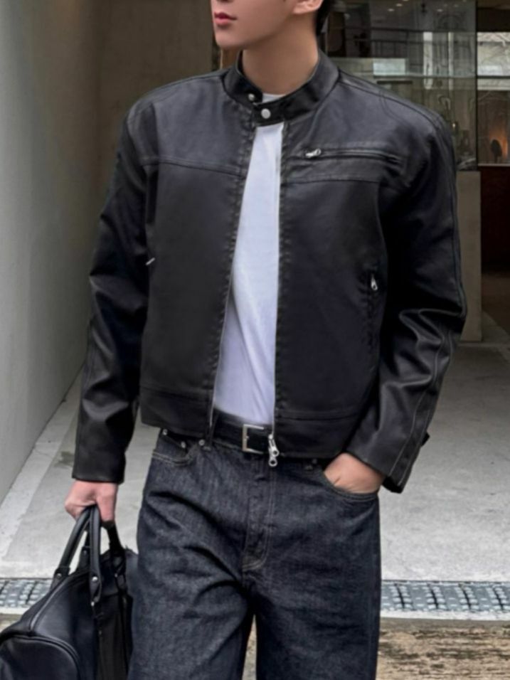 淨色企領拉鍊合成皮褸 TAC-0142JK