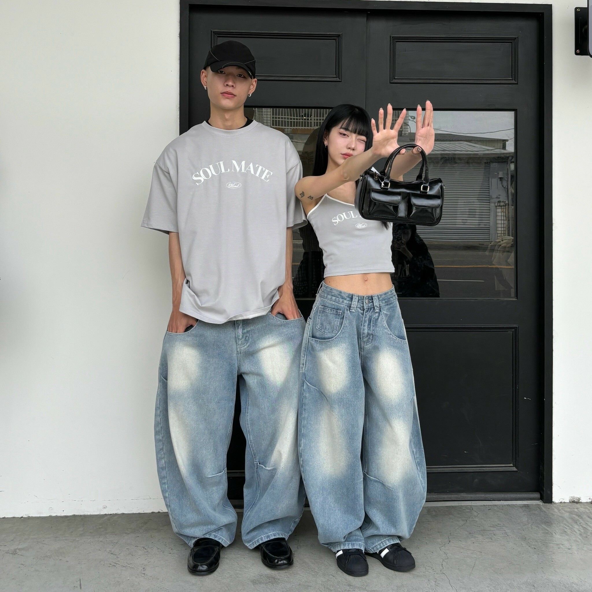 mmb水洗淺藍情侶彎刀褲