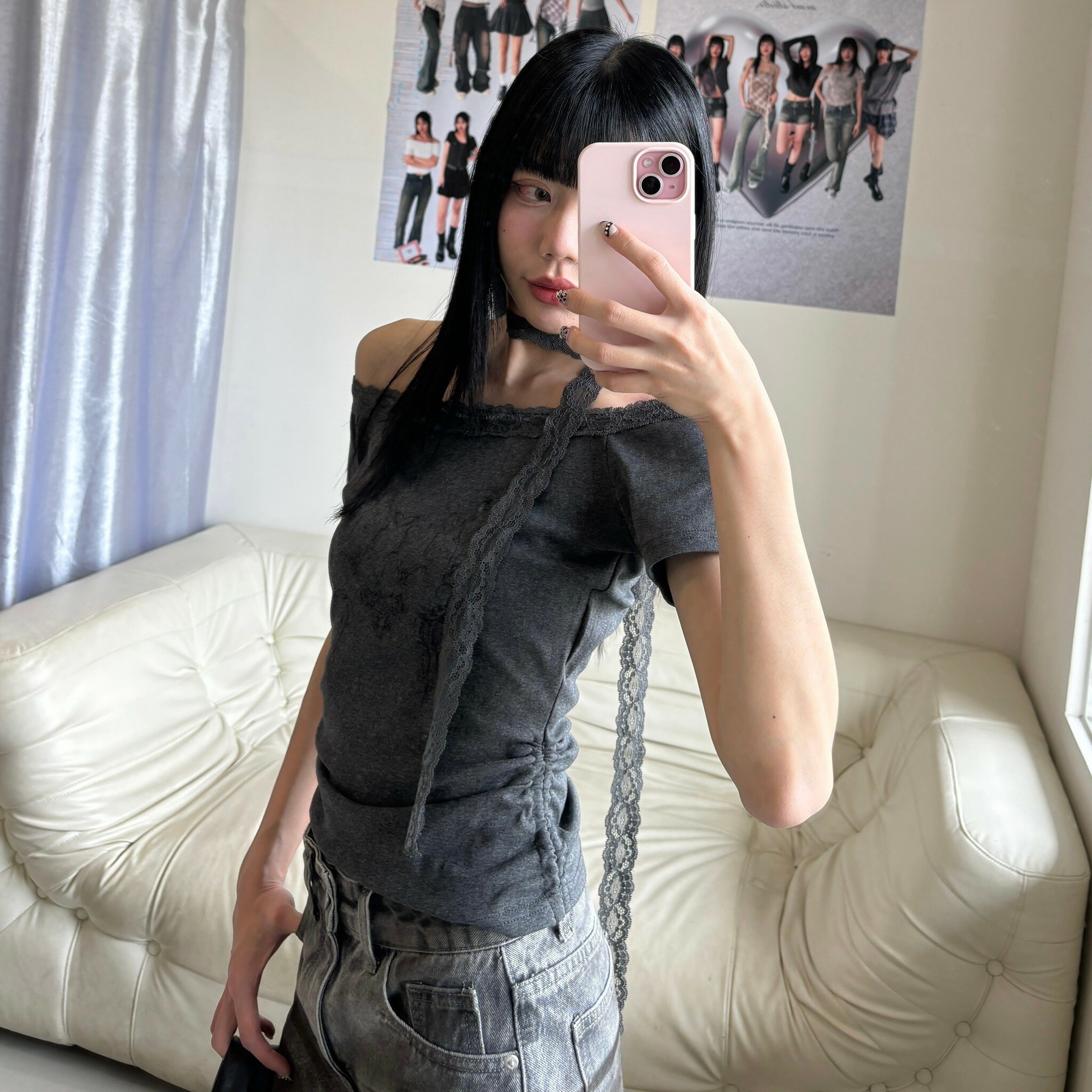 仙氣蕾絲配繞脖印花上衣