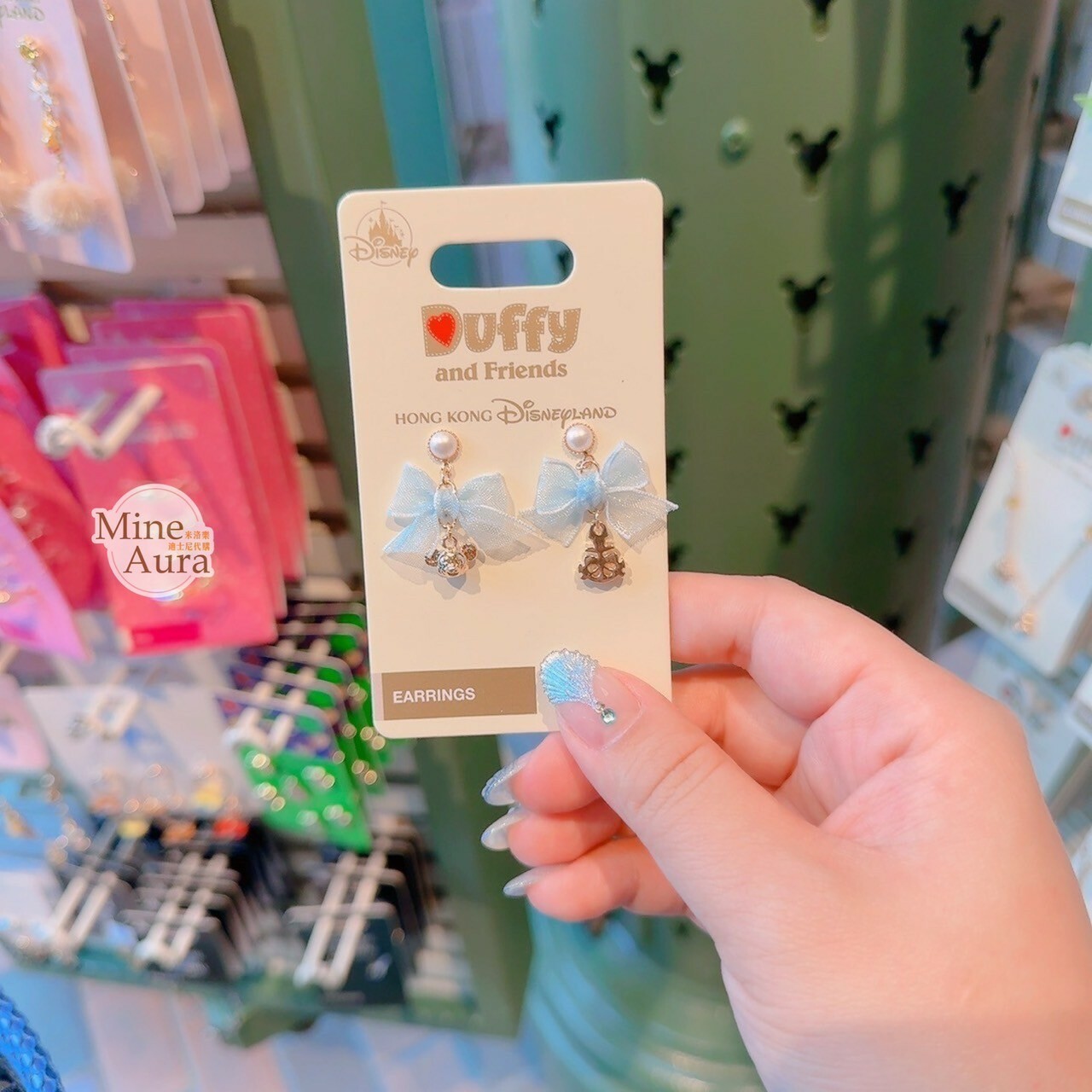 達菲 Duffy 大頭墜飾 紗質 蝴蝶結 造型 耳環 首飾 -香港迪士尼樂園