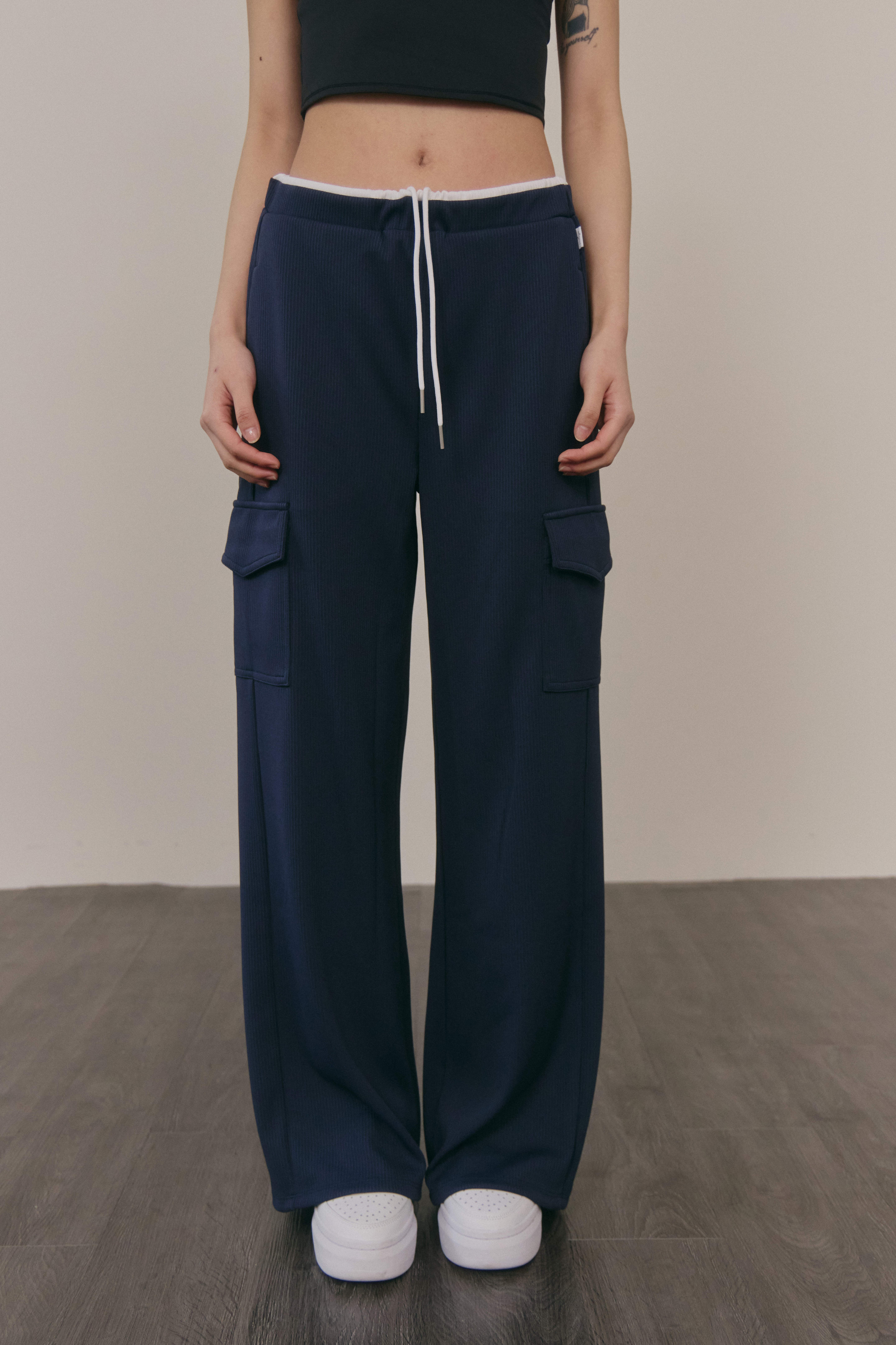 工裝抽繩落地長褲- 深藍