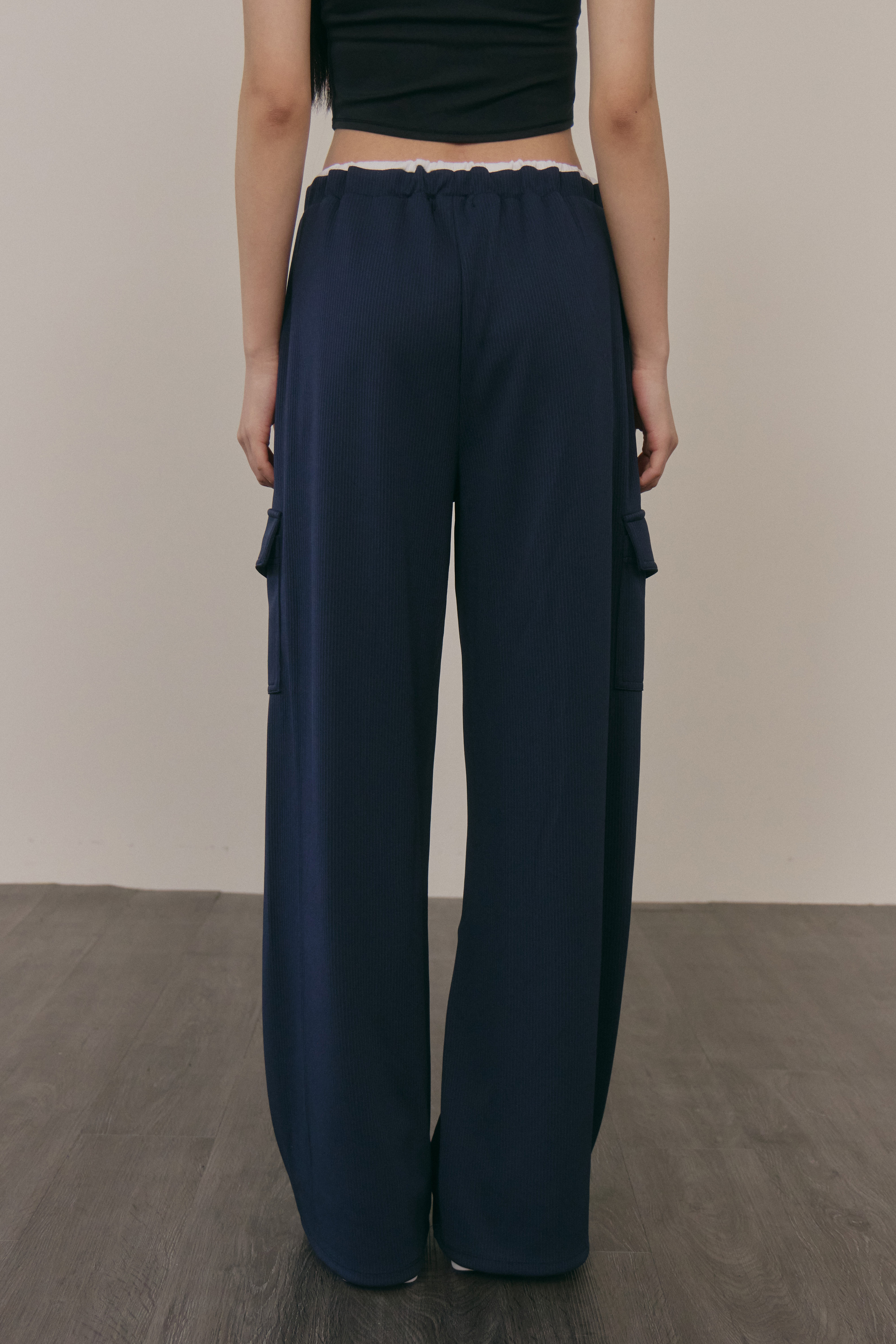 工裝抽繩落地長褲- 深藍