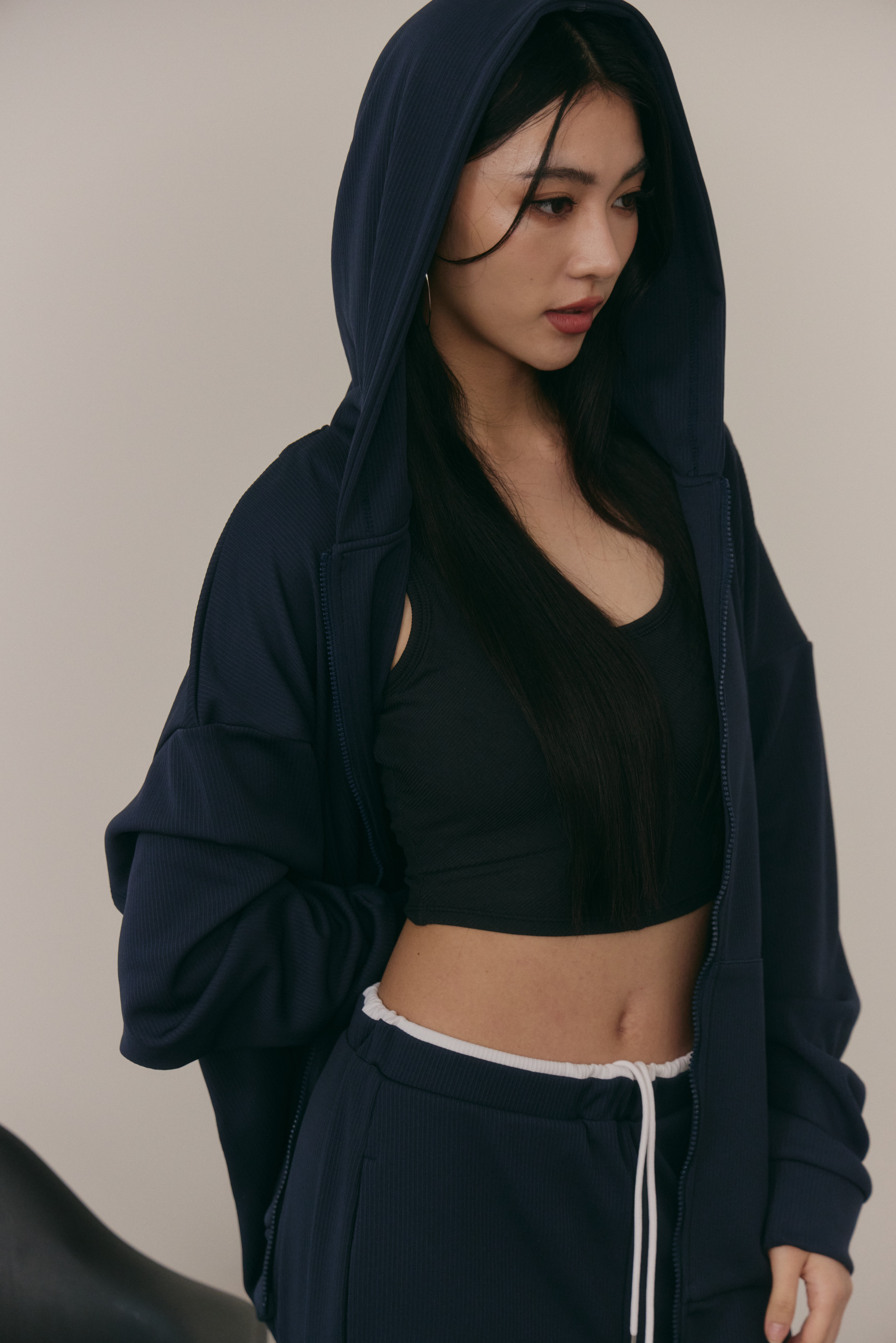 條紋寬鬆連帽外套(UNISEX)- 深藍