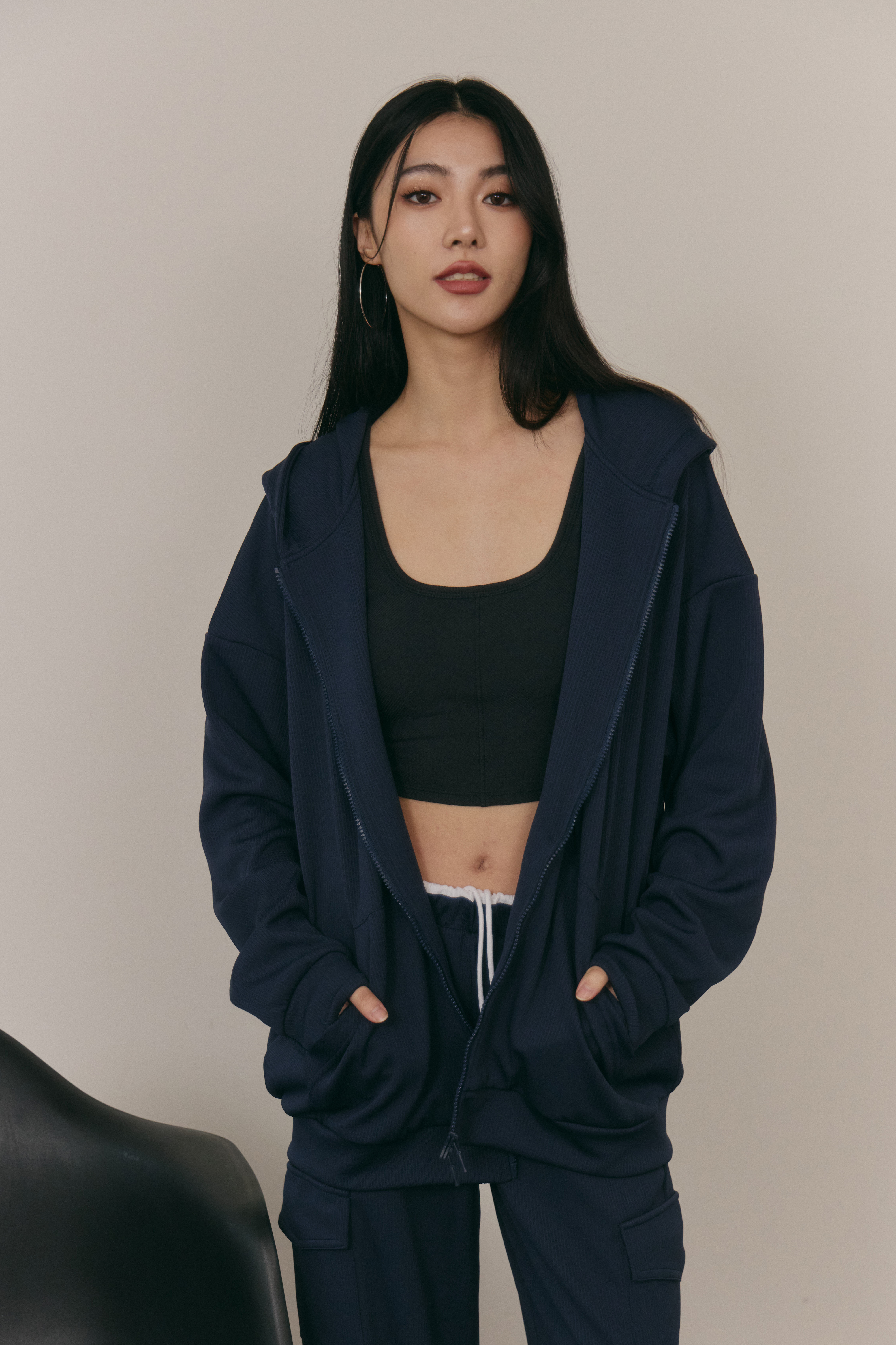 條紋寬鬆連帽外套(UNISEX)- 深藍