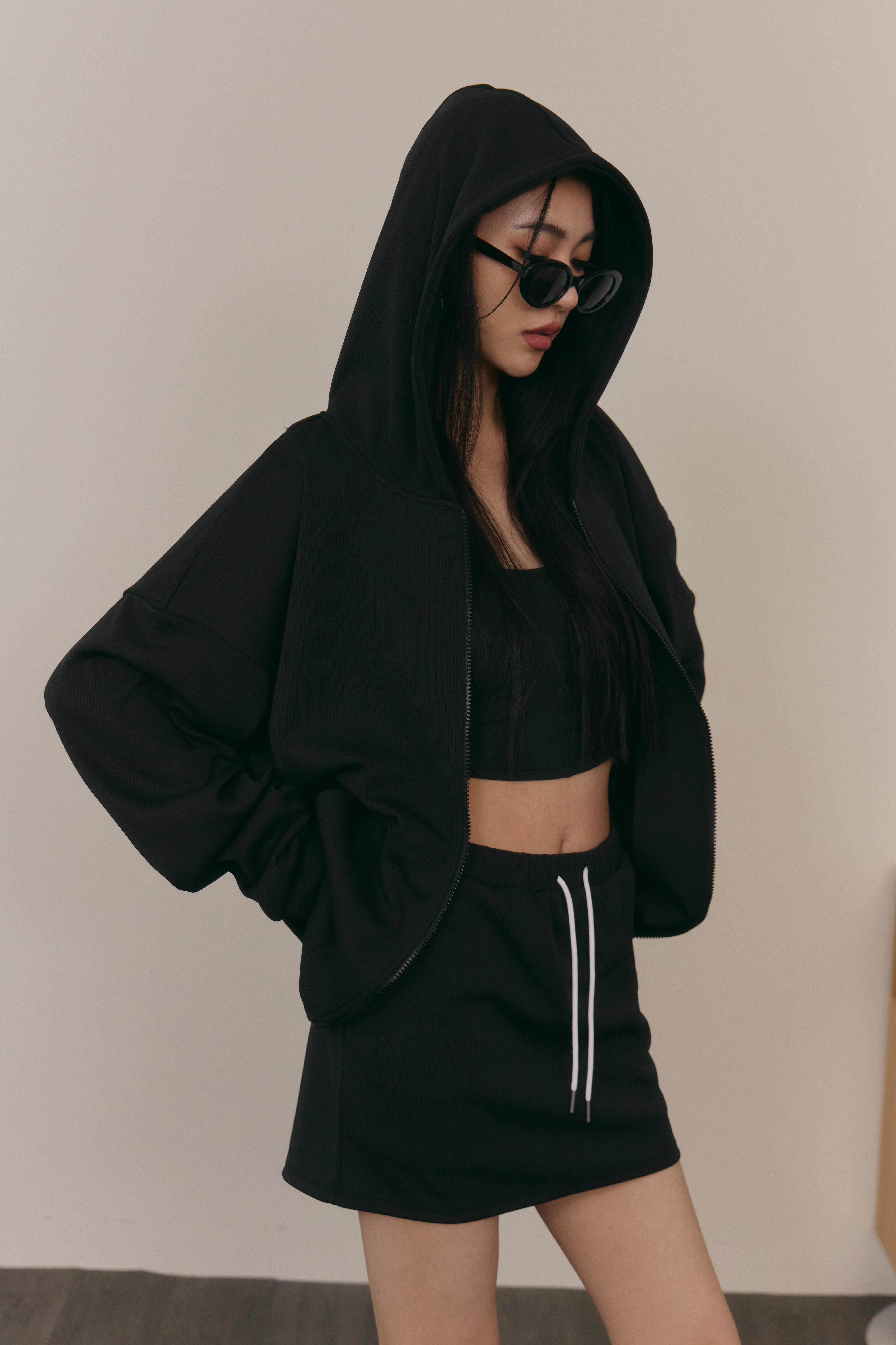 條紋寬鬆連帽外套(UNISEX)- 黑