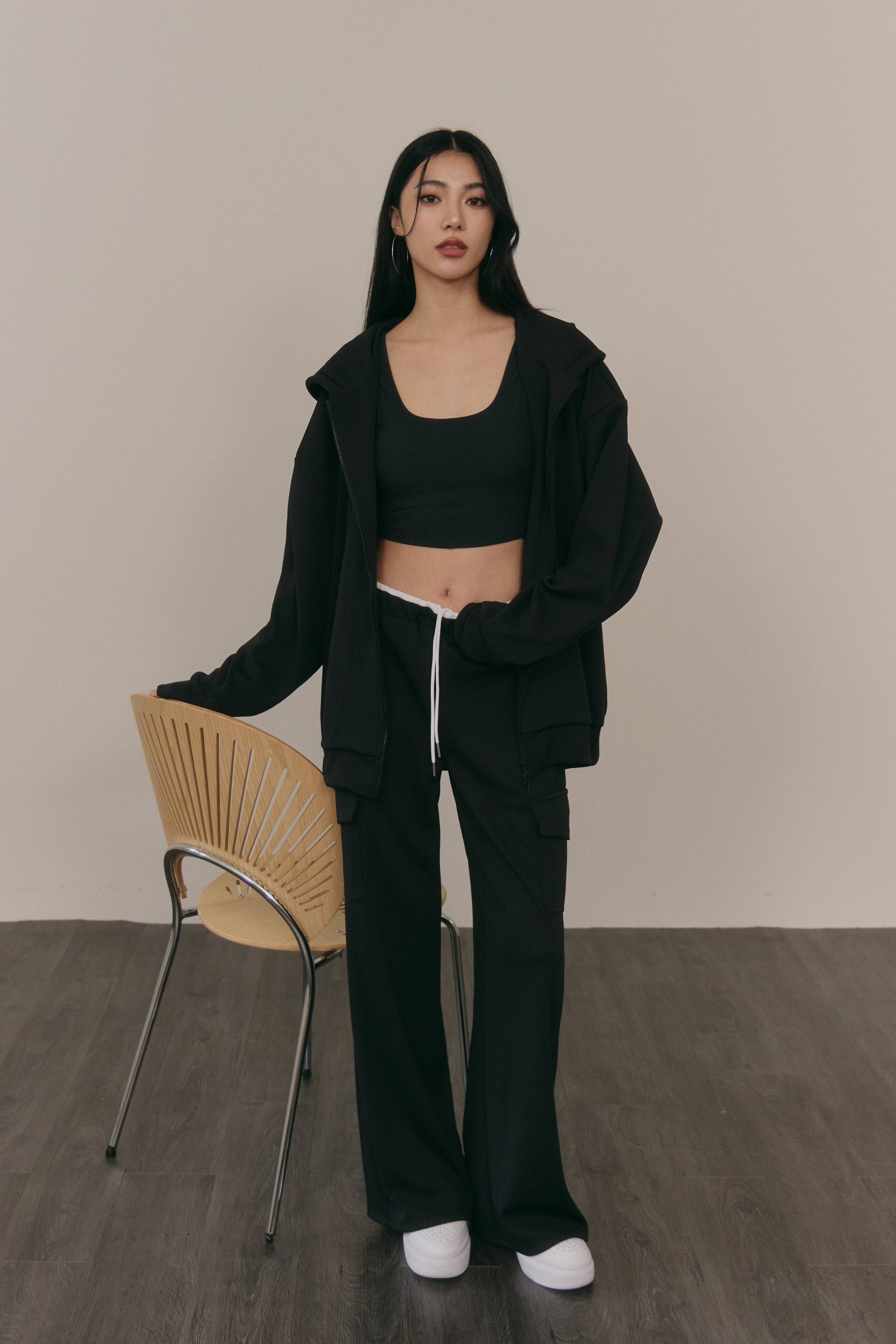 條紋寬鬆連帽外套(UNISEX)- 黑