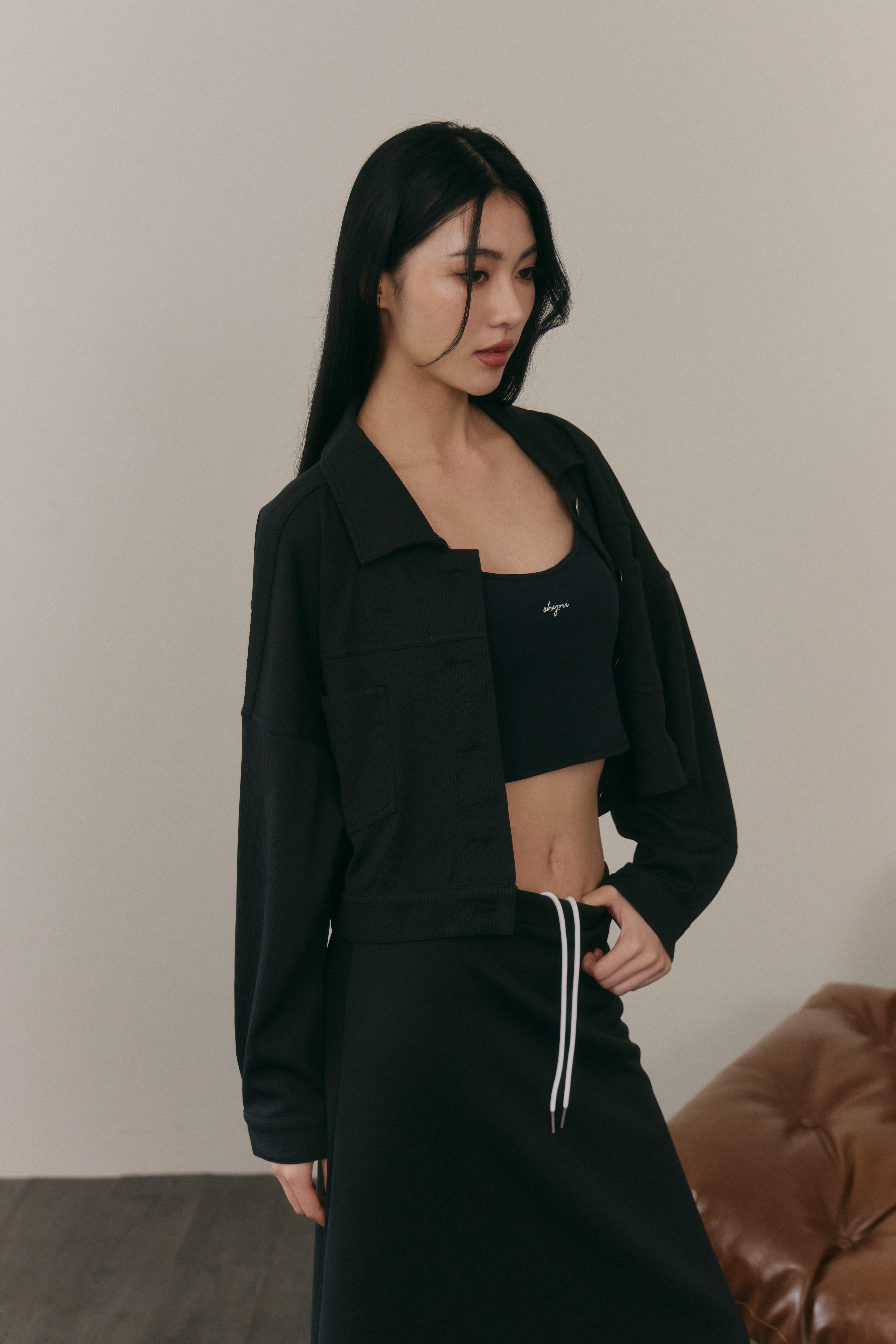 條紋翻領外套- 黑