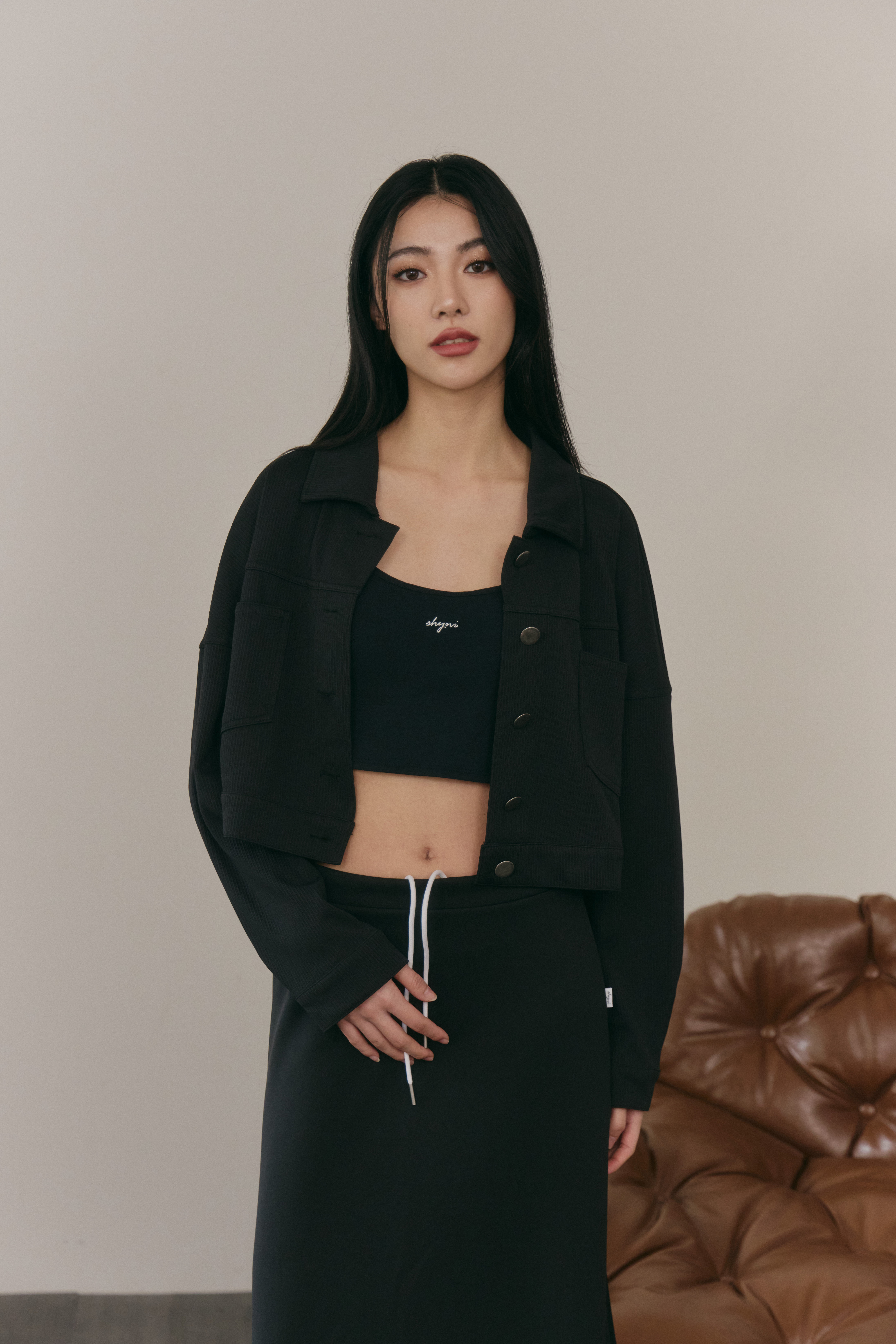 條紋翻領外套- 黑