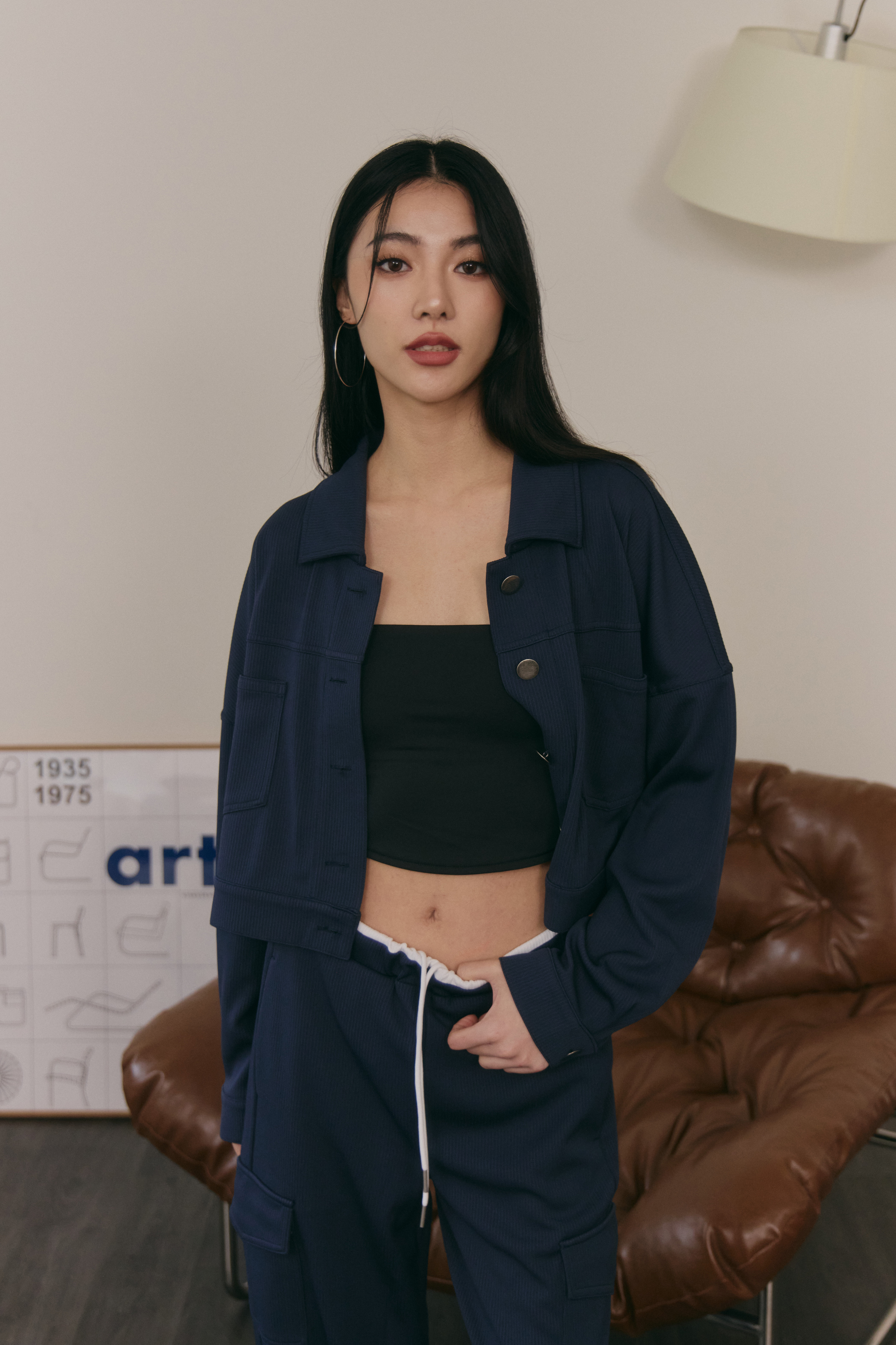 條紋翻領外套- 深藍