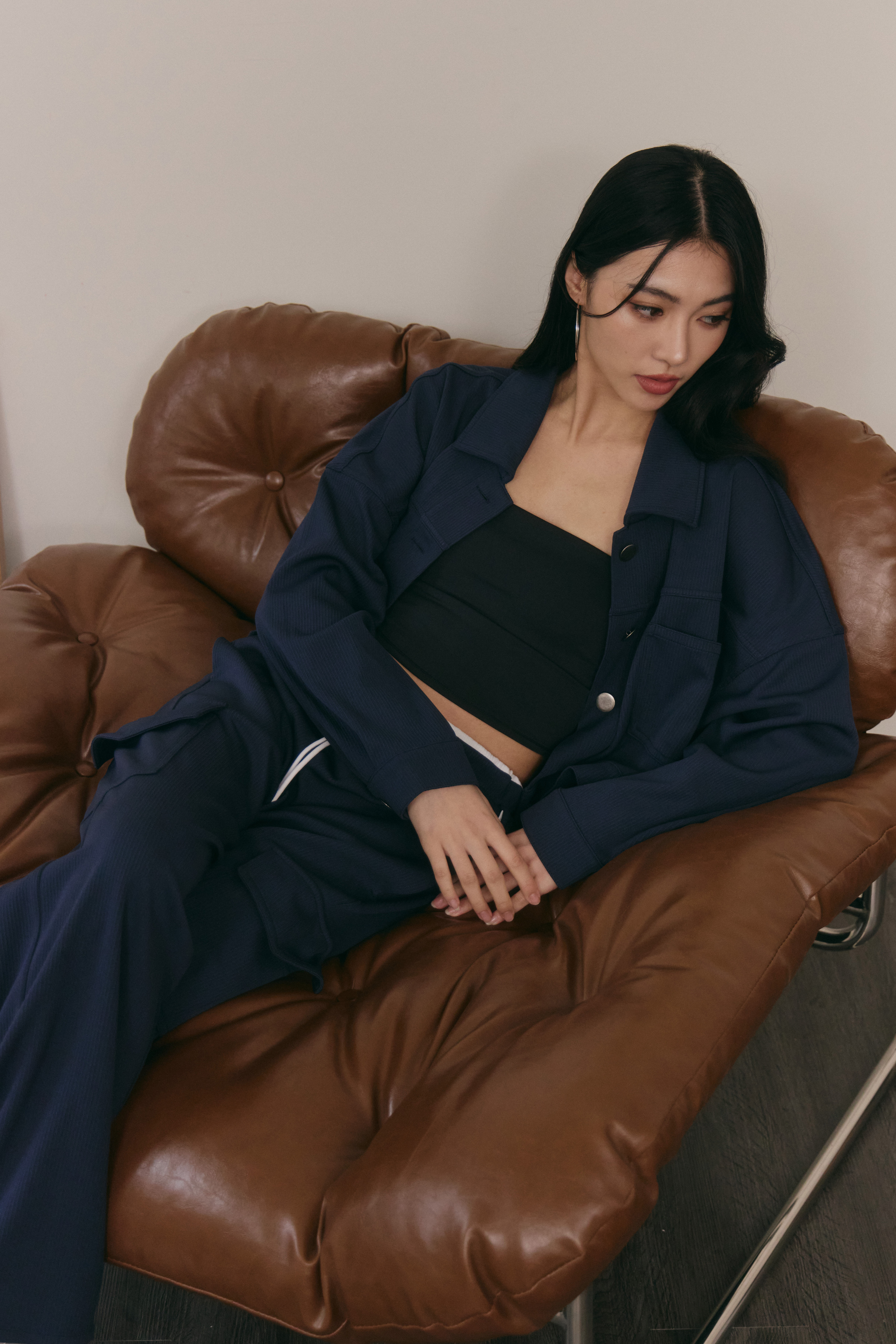 條紋翻領外套- 深藍