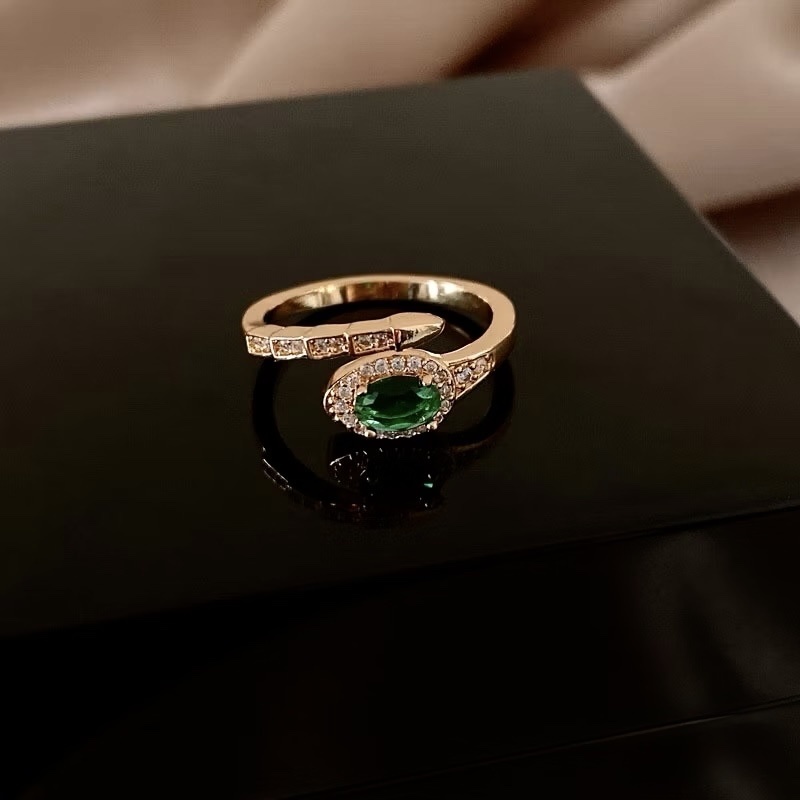 低奢綠翡翠金鑽”蛇型精緻開口戒