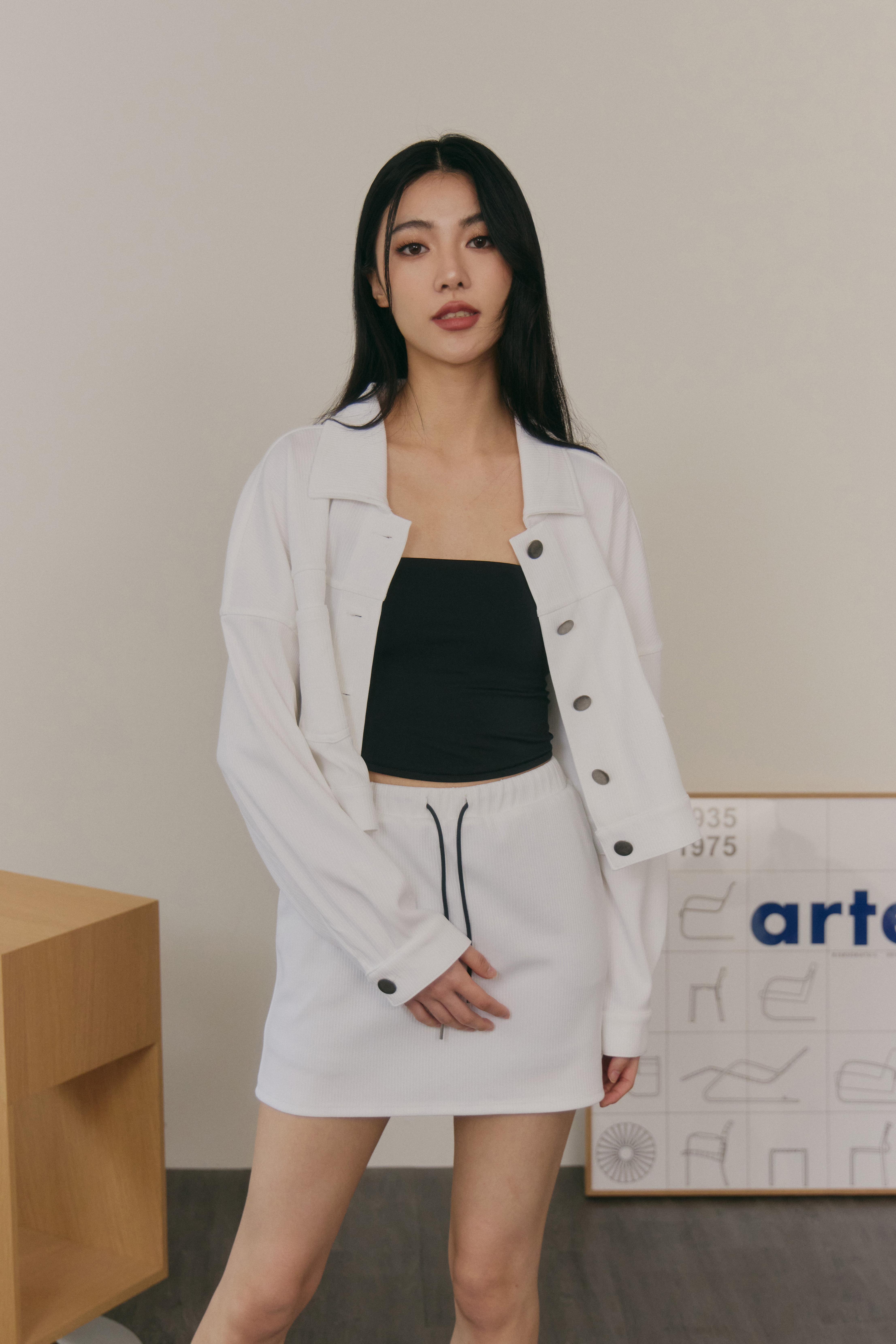 條紋翻領外套- 白