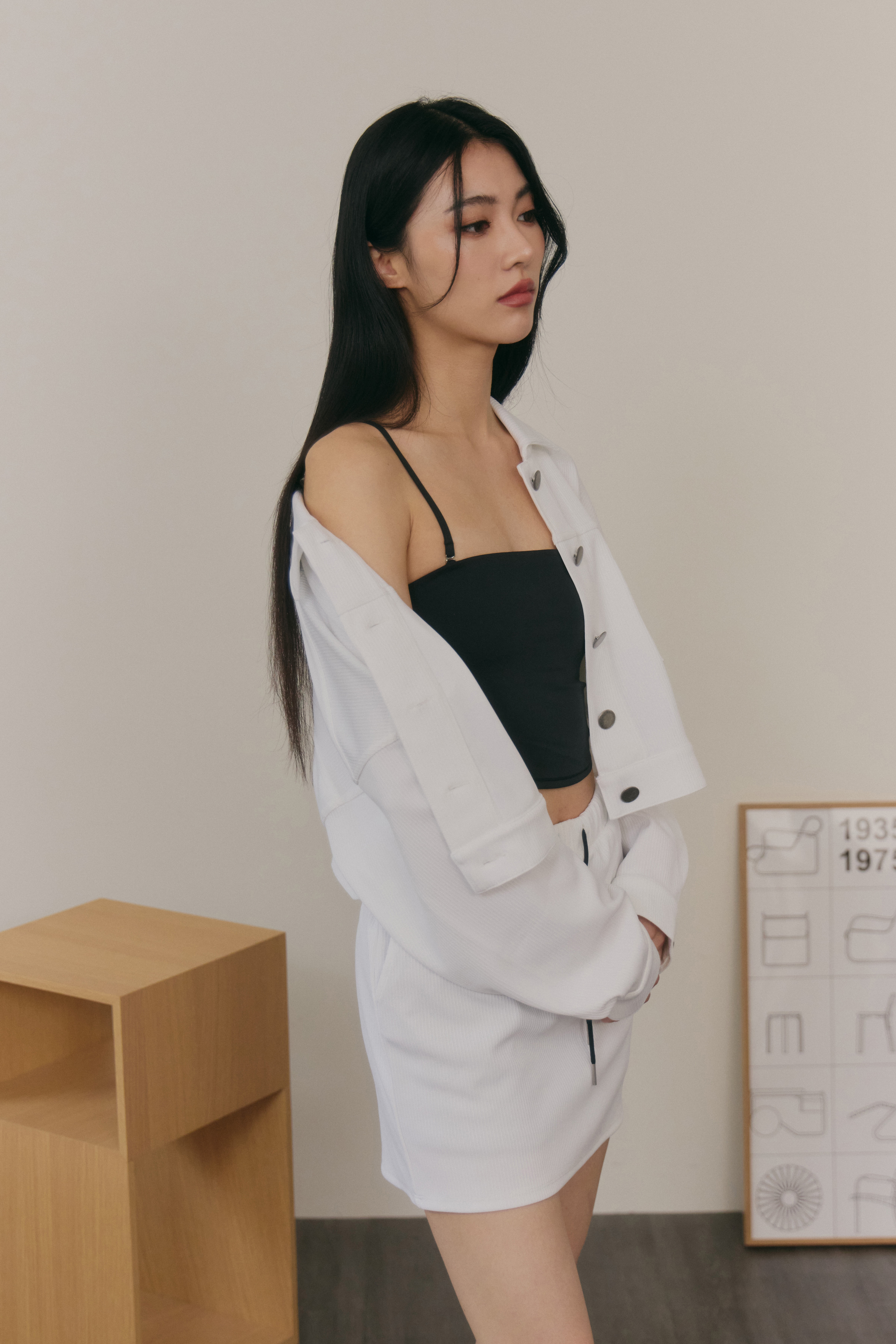 條紋翻領外套- 白