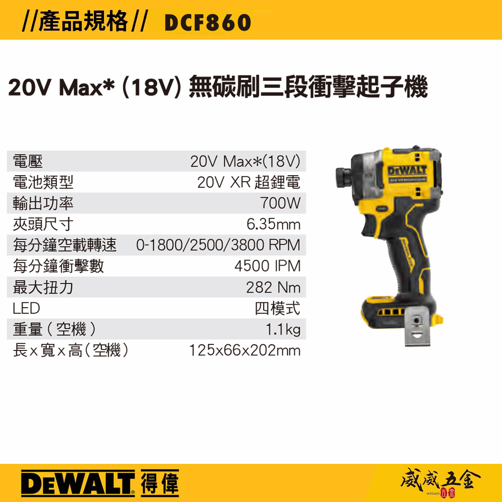 美國 DEWALT 得偉｜DCF860P2 全配｜DCF860 空機｜20V 鋰電無碳刷衝擊起子機｜公司貨 充電電鑽起子機 DCF860P1