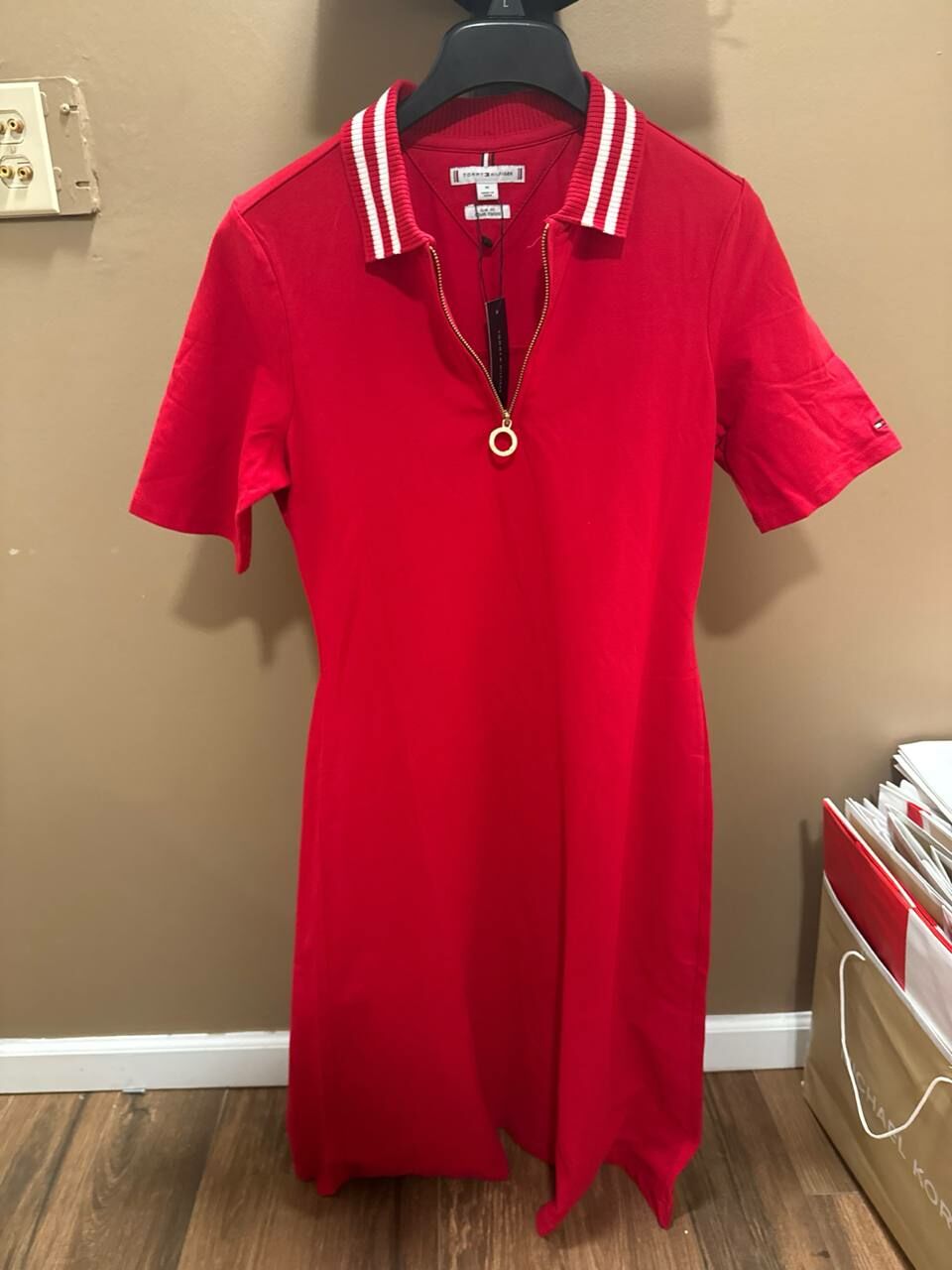 [U] TOMMY HILFIGER RED WOMEN'S HALF ZIP SHORT SLEEVE PIQUE DRESS, 76J4746-602 (UTH416)