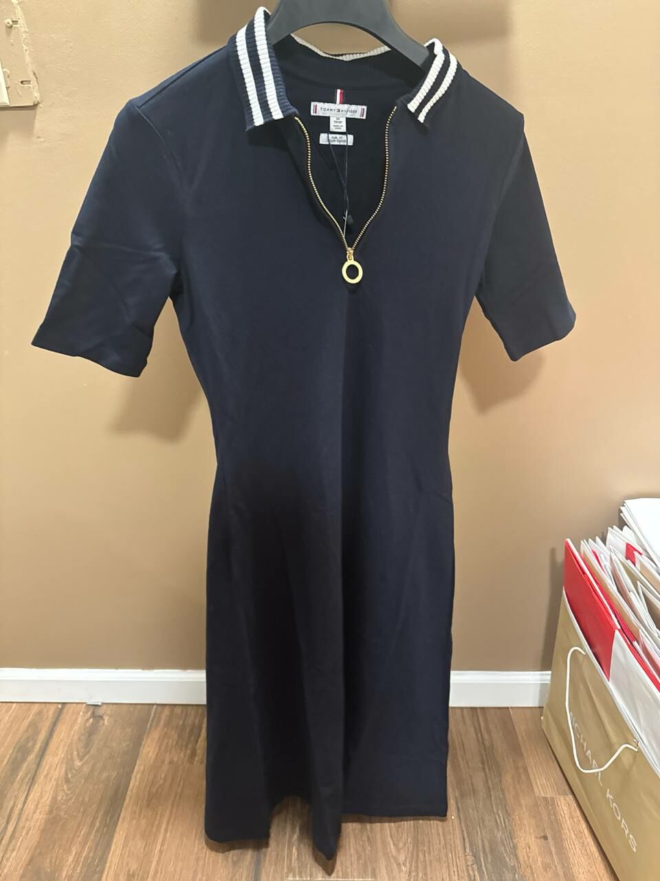 [U] TOMMY HILFIGER NAVY WOMEN'S HALF ZIP SHORT SLEEVE PIQUE DRESS, 76J4746-410 (UTH417)