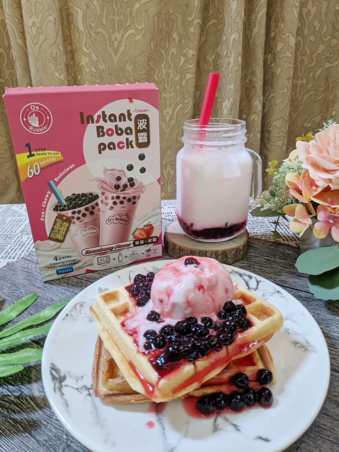 strawberry Boba Ice Cream Waffle