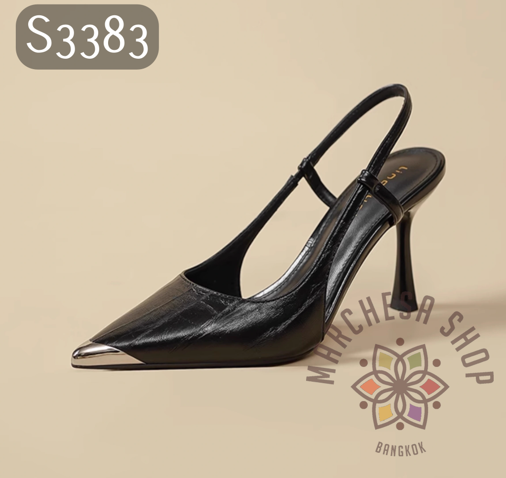 S3383 - 牛皮金屬色銀頭尖頭高踭涼鞋 (兩種高度)