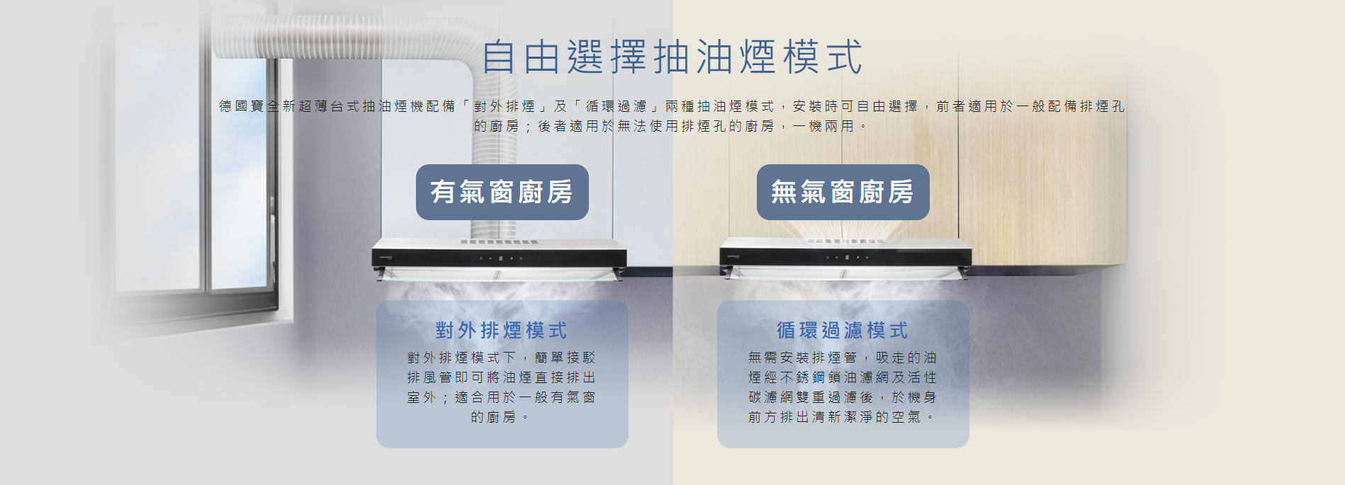 選擇, 抽油煙模式, 配備「對外排煙」及「循環過濾」兩種抽油煙模式，安裝時可自由選擇