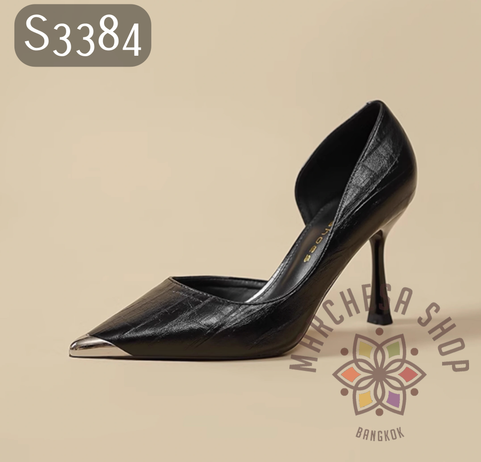 S3384 - 牛皮側空尖頭高踭鞋 (兩種高度)