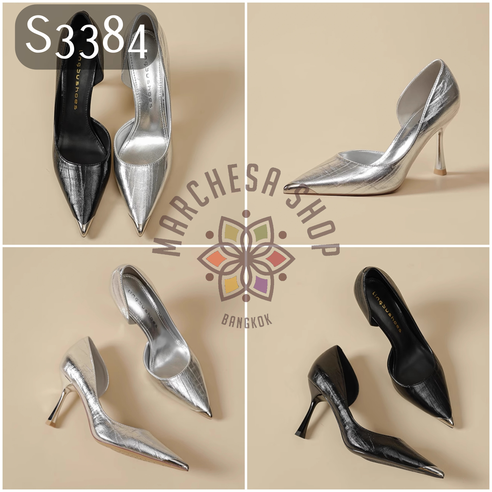 S3384 - 牛皮側空尖頭高踭鞋 (兩種高度)