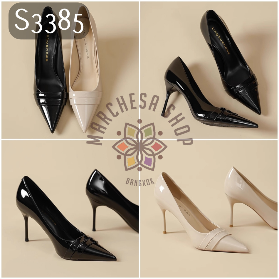 S3385 - 牛漆皮搭帶尖頭高踭鞋 (兩種高度)