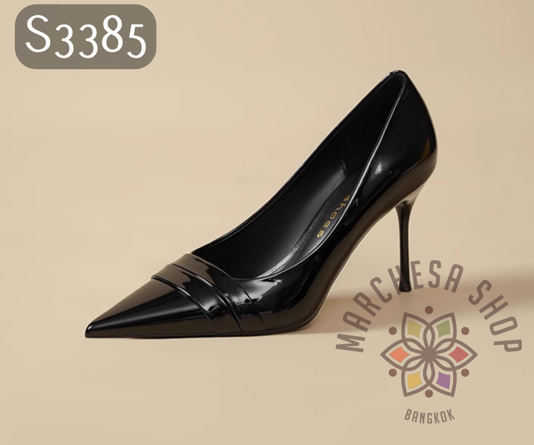 S3385 - 牛漆皮搭帶尖頭高踭鞋 (兩種高度)