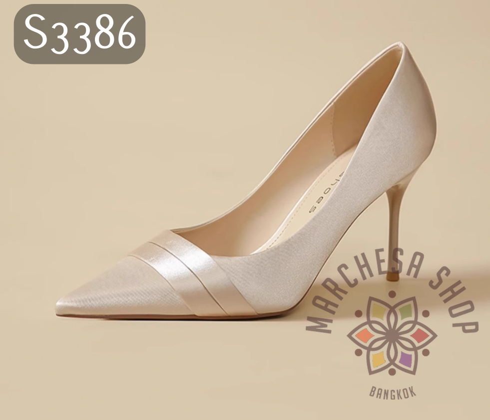 S3386 - 牛皮絲綢搭帶尖頭高踭鞋 (兩種高度)
