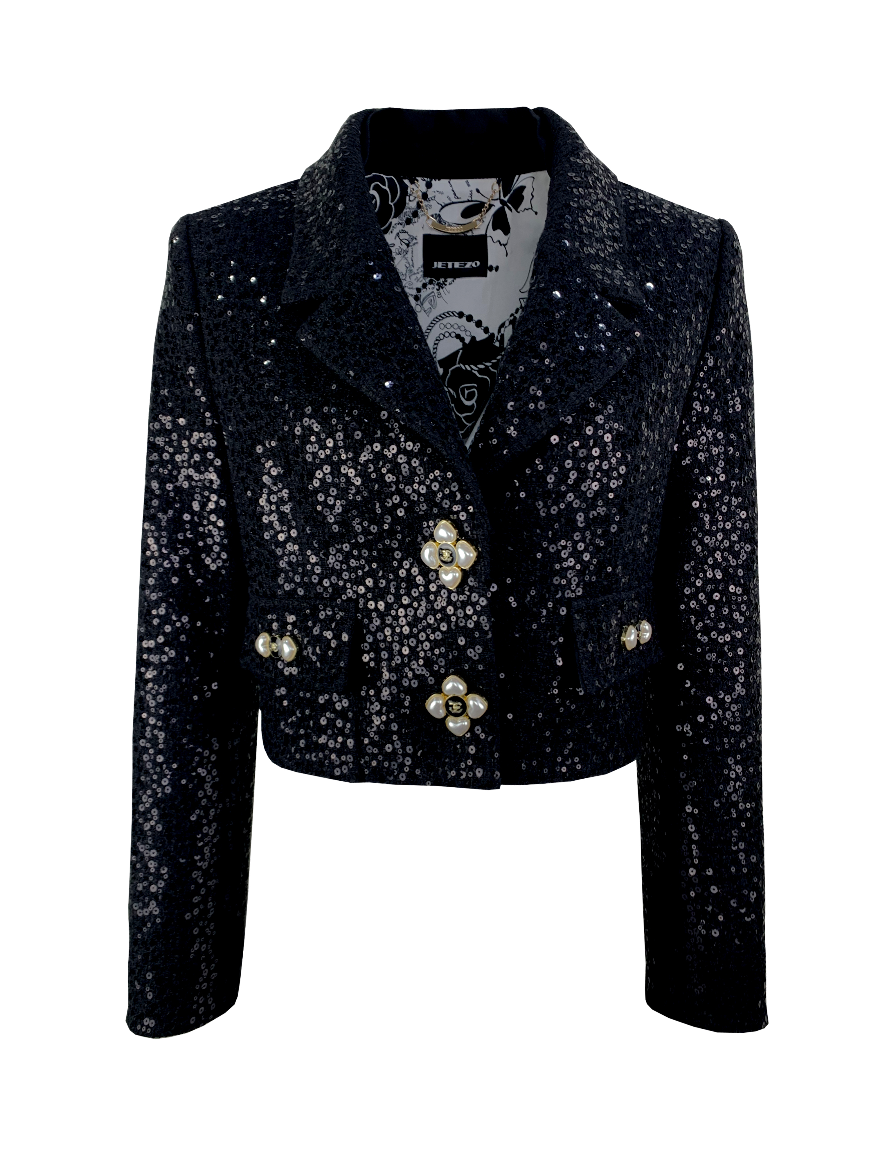 BB1AA823D1 黑鑽亮片珍珠花釦小香風短版外套 (官網限定)