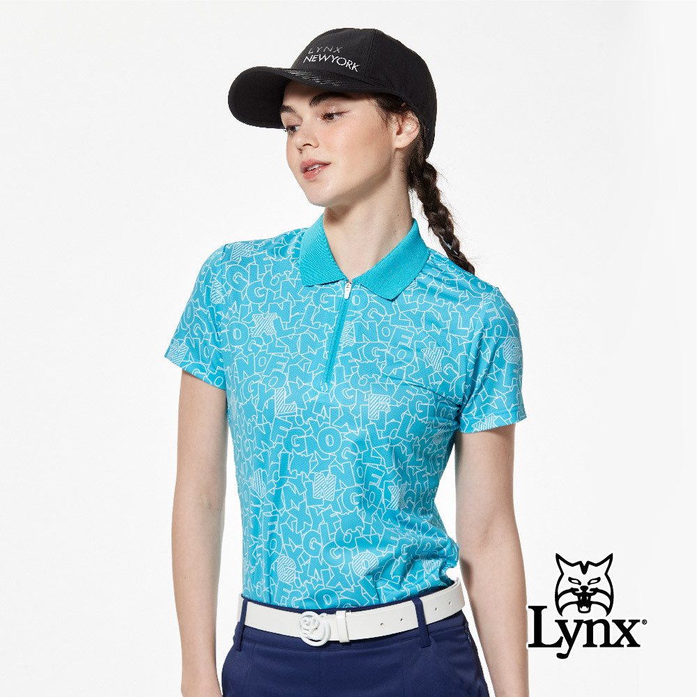 【Lynx Golf】吸溼排汗塗鴉感印花配布剪裁立領POLO衫/高爾夫球衫