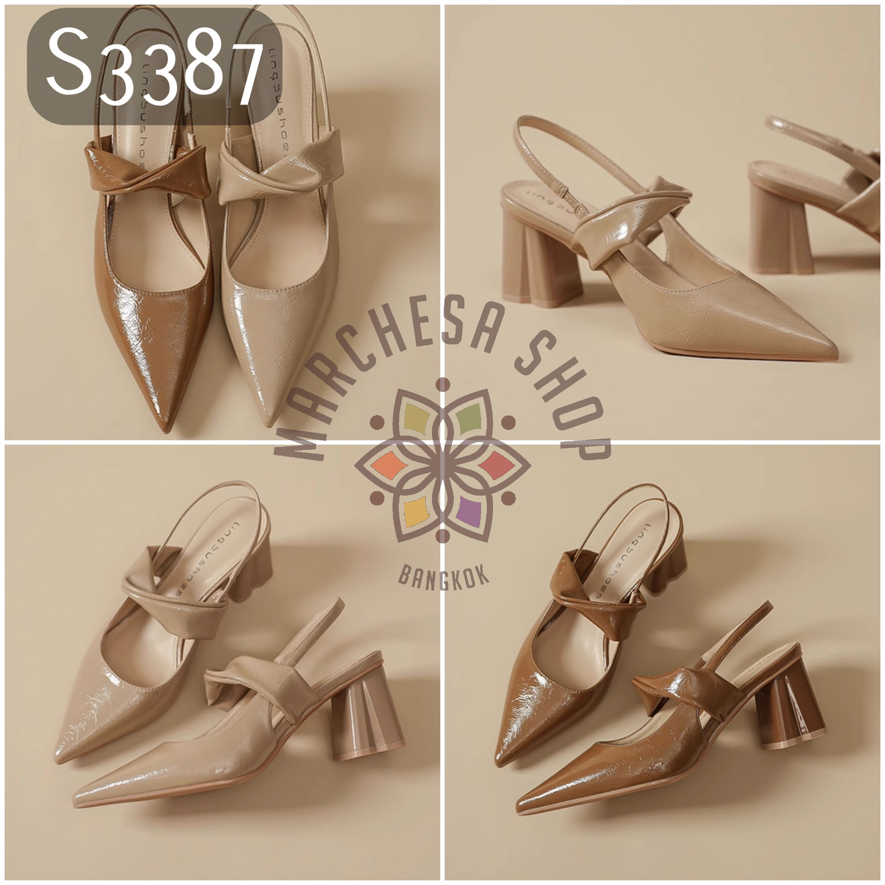 S3387 - 牛漆皮扭帶尖頭高踭涼鞋