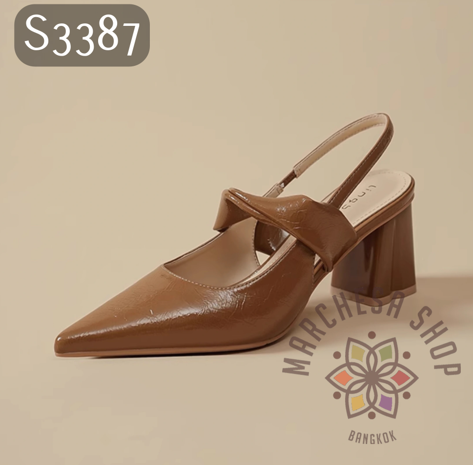 S3387 - 牛漆皮扭帶尖頭高踭涼鞋