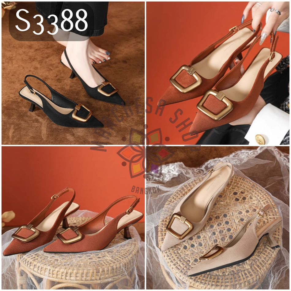 S3388 - 牛猄皮金扣尖頭高踭涼鞋