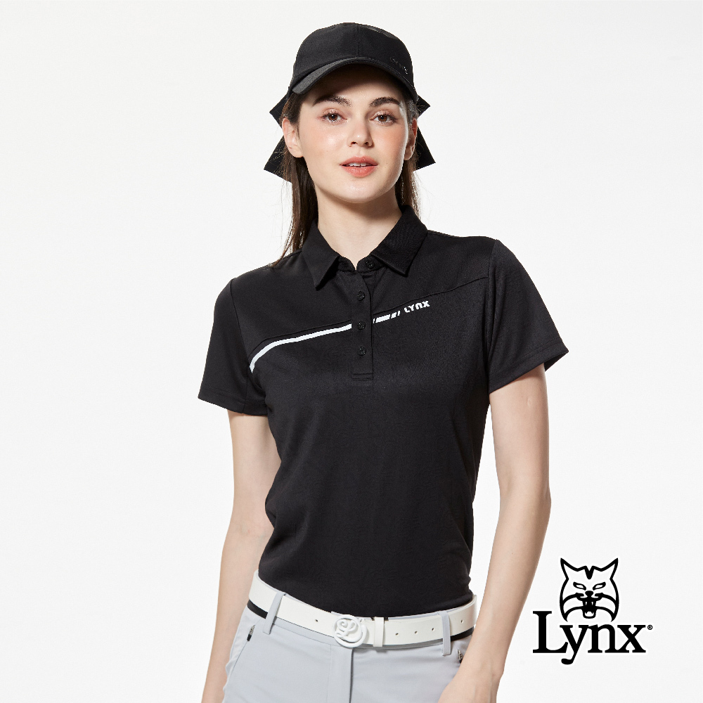 【Lynx Golf】合身版吸排緹花工藝斜裁配布POLO衫/高爾夫球衫