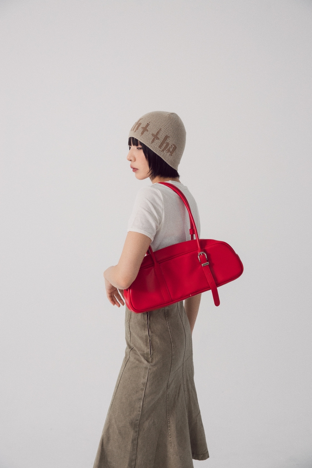 銀釦皮革法棍包-紅