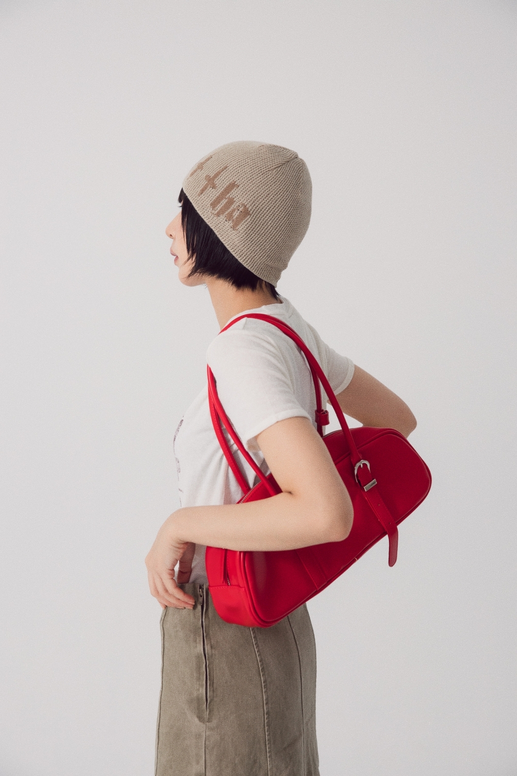 銀釦皮革法棍包-紅