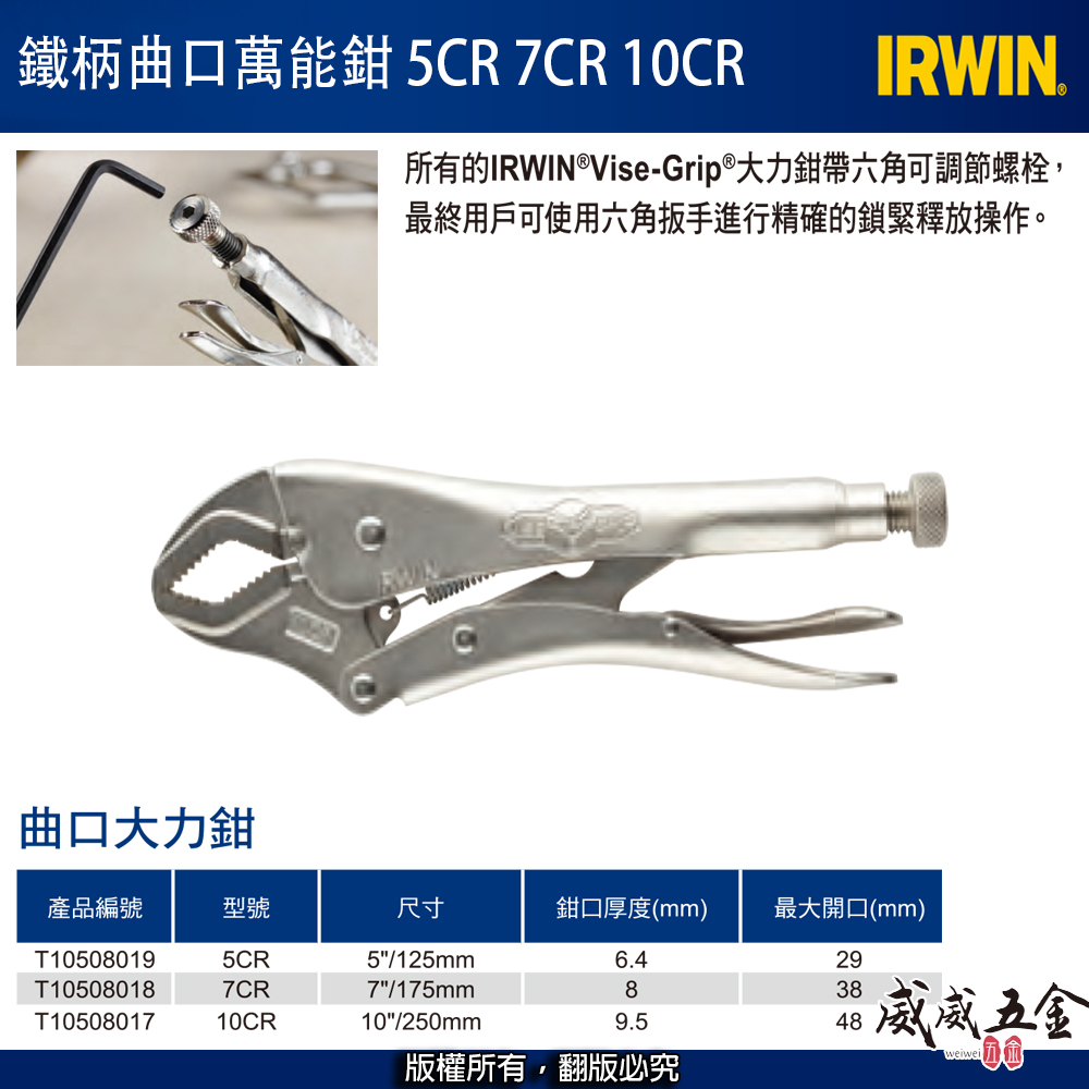 美國 IRWIN 握手牌｜5CR 鐵柄-強力夾齒萬能鉗 曲口大力鉗 固定鉗 5" 夾鉗｜T10508019