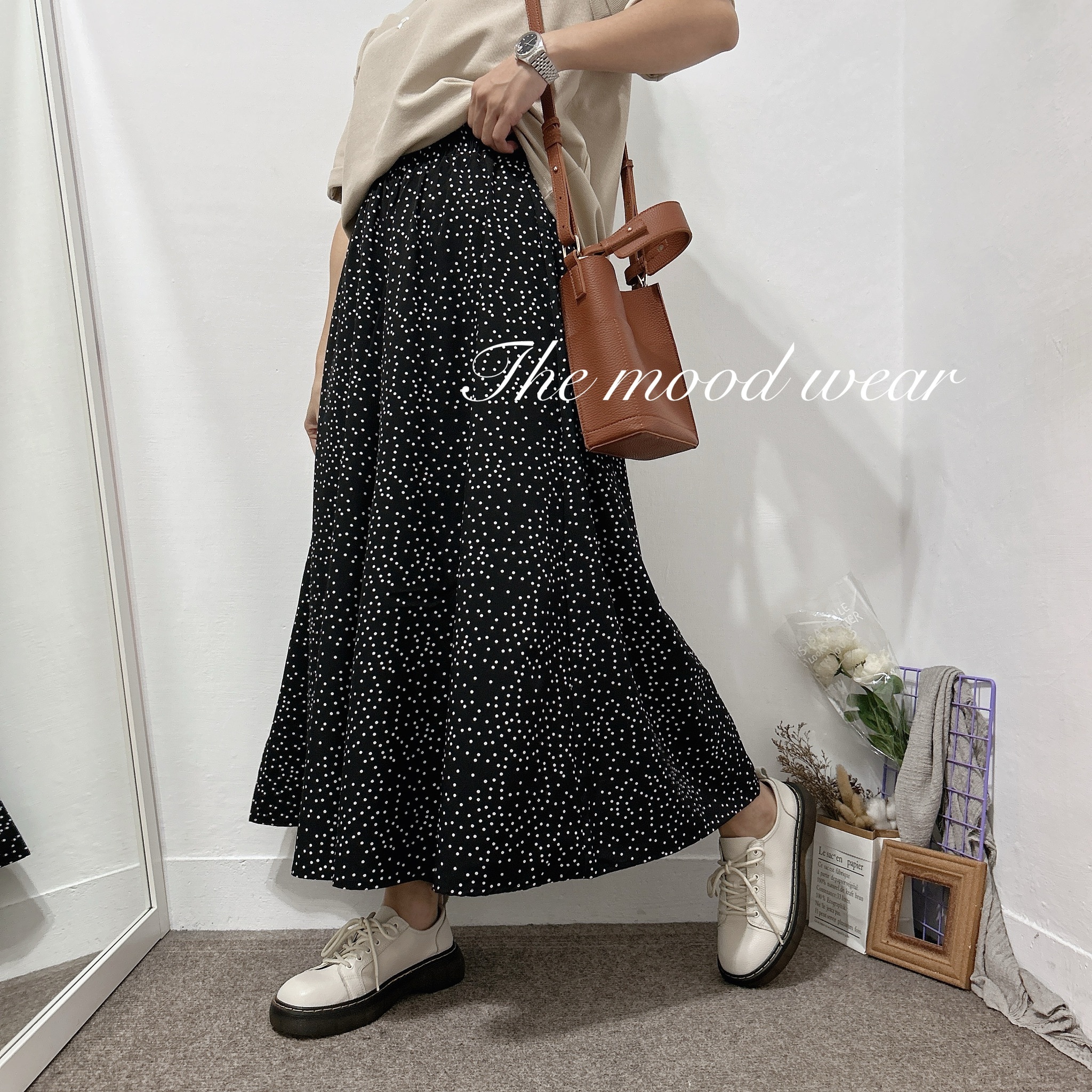 不挑女孩超彈力涼感小圓點口袋寬褲裙褲裙