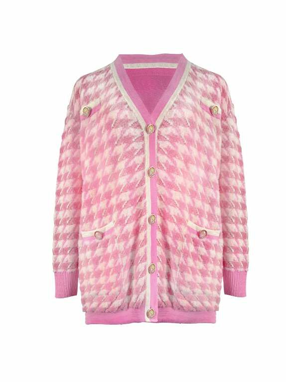 BB1HC208D1 粉霓名媛千鳥格金釦小香風長版針織外套