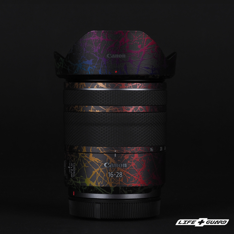 Canon RF 16-28mm F2.8 IS STM 鏡頭貼膜質感特寫，LIFE+GUARD 潑墨系列設計風格