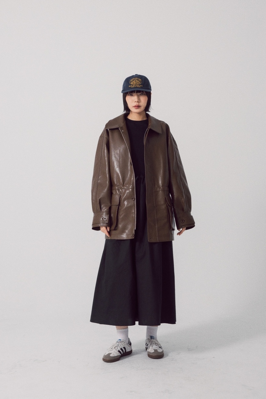 【瑕疵】高品質收腰中長皮衣外套-咖