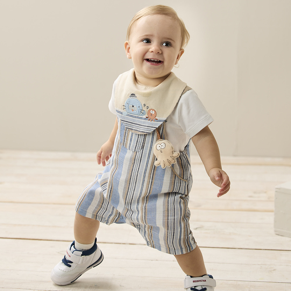 PIPPY 繽紛彩條吊帶褲四件式禮盒 卡其