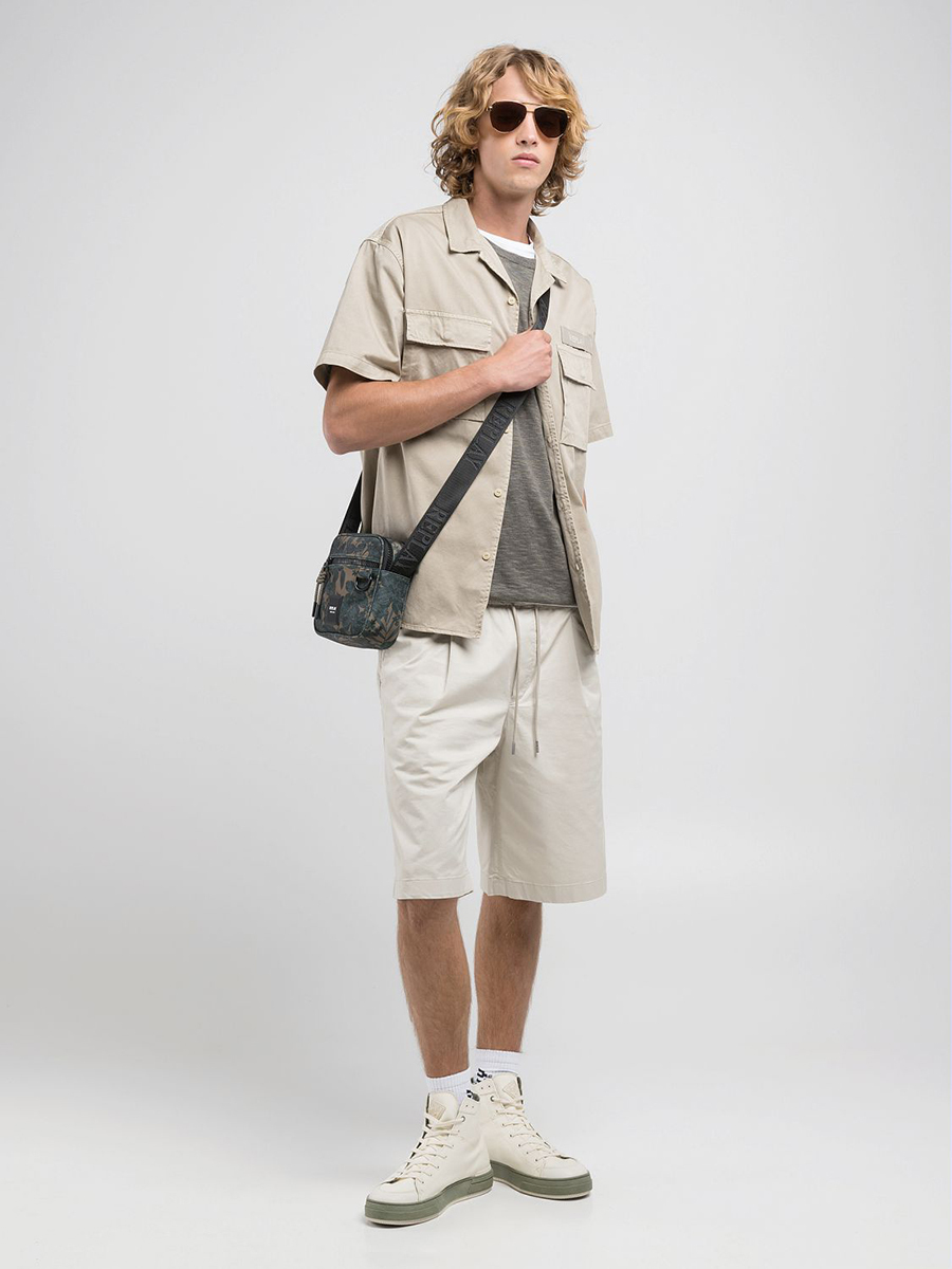 保齡球領寬鬆版石米色短袖襯衫