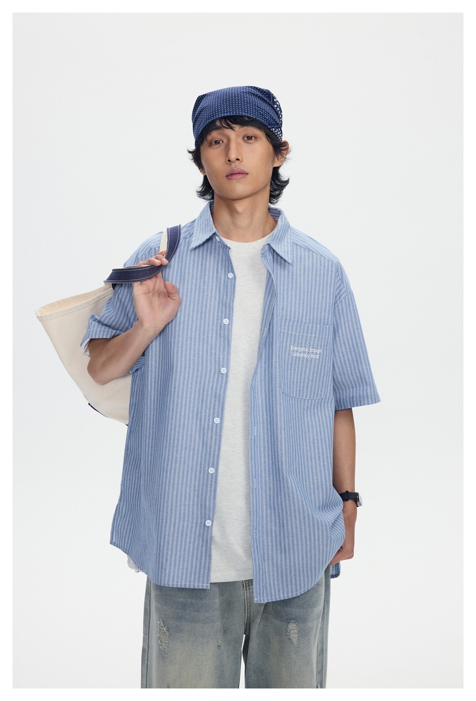 3M19 簡約口袋刺繡條紋襯衫 一色