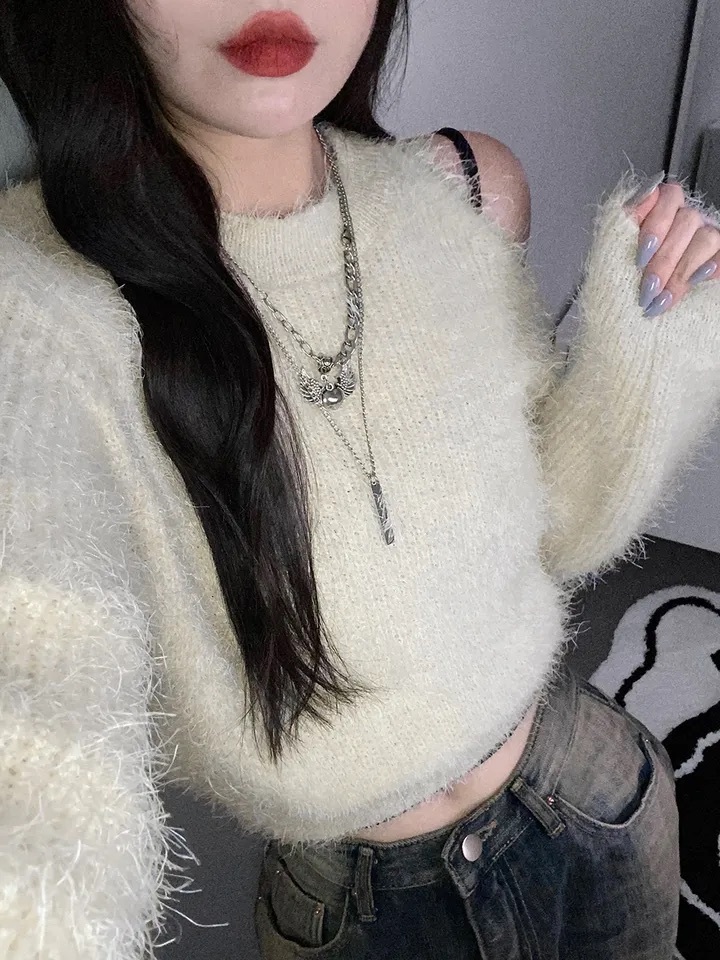 【優惠現貨】韓國馬海毛單邊露肩上衣