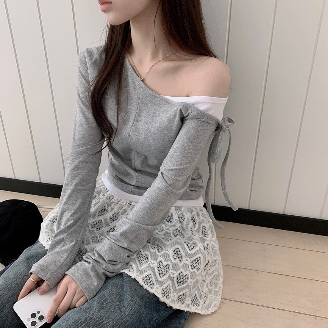 【優惠價預訂】韓國layer露單肩綁繩長袖上衣（4色）